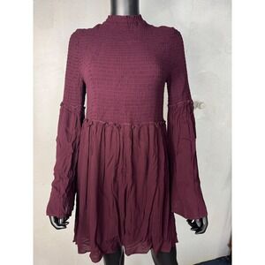 Clover + Scout XL Smocked Mock Neck Ruffle Bell Sleeve Mini Dress Purple‎